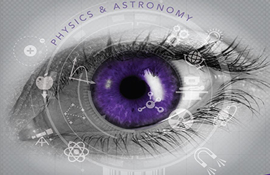 Purple Eye with Physics and Astronomy Icons Surrounding
